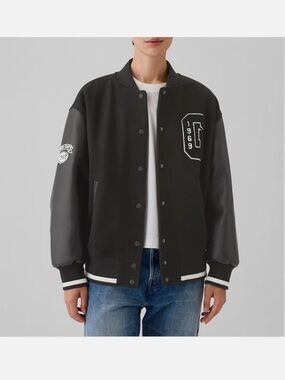 NWOT Gap Black Varsity Bomber Jacket with Leather Sleeves size XS/S